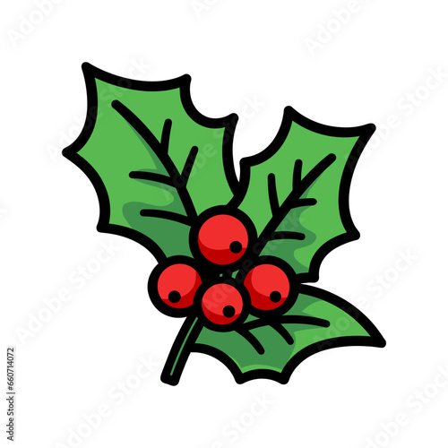 Christmas holly berry leaves. Cartoon Christmas icon. Christmas plant.