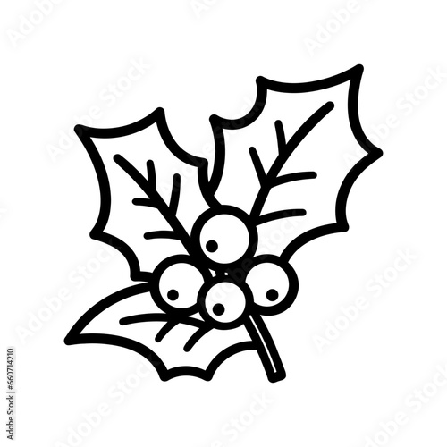 Christmas holly berry leaves icon. Black contour of Christmas holly berry leaves.