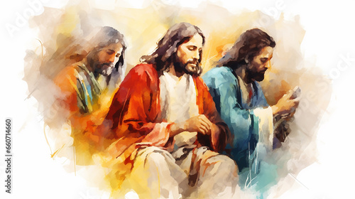 jesus cristo com seus dicipulos orando juntos em arte aquarela 