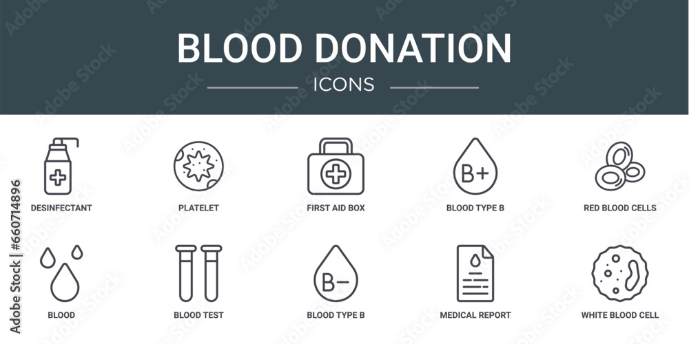 set of 10 outline web blood donation icons such as desinfectant ...