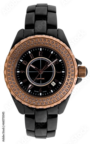 Luxury black red and gold wrist watch women with diamonds and tachymeter isolated on transparent png background.
