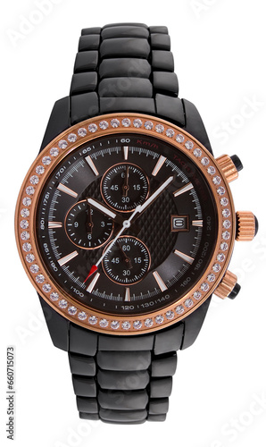 Luxury black red and gold wrist watch men with diamonds and tachymeter isolated on transparent png background.