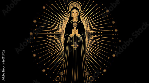 Nossa senhora aparecida, simbolo da fé cristã católica , linhas douradas em fundo preto 