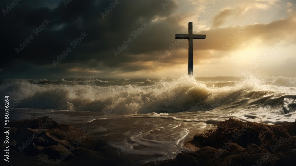 A powerful image of a stormy beach with dark clouds and crashing waves. In the midst of the chaos, there are two sets of footprints leading to the cross, representing the unwavering presence A powerful image of a stormy beach with dark clouds and crashing waves. In the midst of the chaos, there are two sets of footprints leading to the cross, representing the unwavering presence