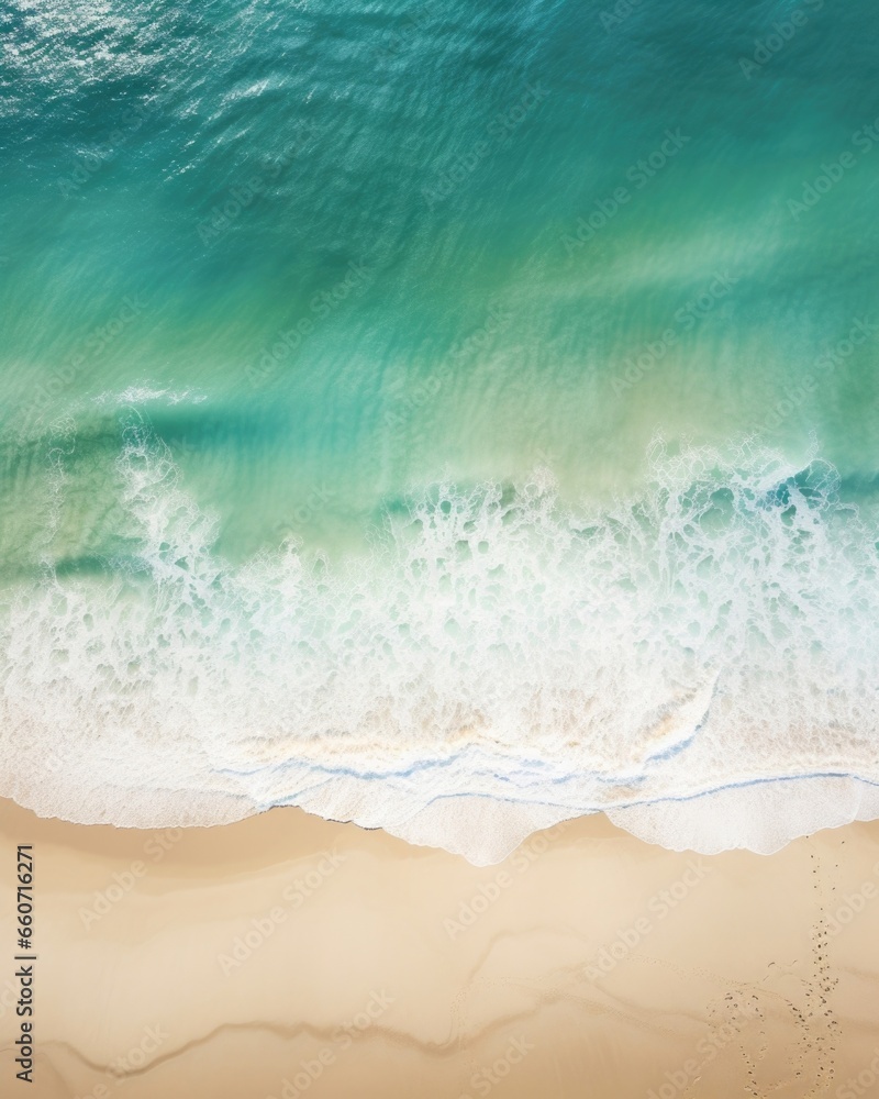 A birds eye view of the beach, with shades of blue and green blending together in the water. Ast the vibrant colors, there is a stark contrast in the form of the cross and the single set