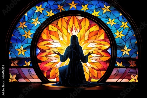 Concept photo of a stained glass window depicting a saint in a scene of piety and devotion, radiating vibrant colors and illuminating the surrounding space with its spiritual significance.