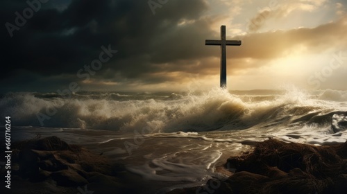 A powerful image of a stormy beach with dark clouds and crashing waves. In the midst of the chaos, there are two sets of footprints leading to the cross, representing the unwavering presence
