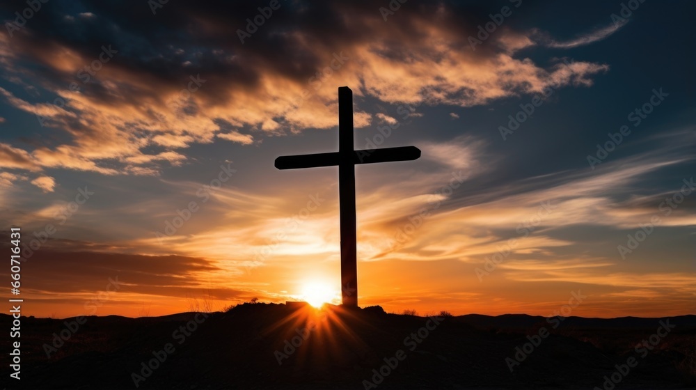 The silhouette of the cross appears almost weightless against the vast expanse of the sky, signifying the weightlessness of sin after Christs sacrifice. The silhouette of the cross appears almost weightless against the vast expanse of the sky, signifying the weightlessness of sin after Christs sacrifice.