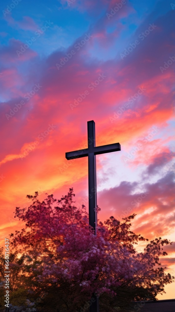The richness of the colors in the sky seems to envelop the cross, as if nature itself is paying tribute to the sacred symbol. The richness of the colors in the sky seems to envelop the cross, as if nature itself is paying tribute to the sacred symbol.