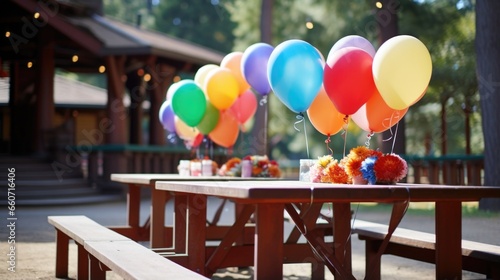 Concept photo of colorful balloons tied to picnic tables, a symbol of the joy and celebration present in the fellowship of the church.