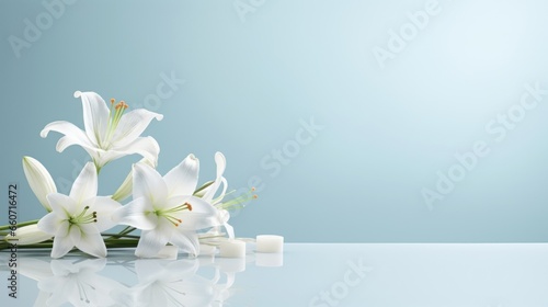 The crisp white petals of the lilies mirror the clean lines of the cross, creating a sense of balance and harmony in this elegant Easter image. photo