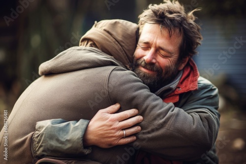 Closeup of a volunteer giving a warm hug to a person in need, showing them love and compassion in a tangible way. This simple act of affection can be a powerful reminder of Gods unconditional