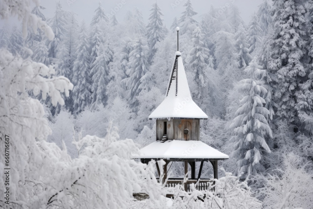 A striking image of a church bell tower blanketed in a gentle layer of snow, exuding a peaceful and tranquil aura.