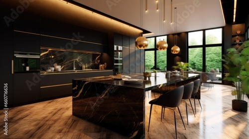 Modern kitchen with black cabinets, combined with white marble tables and shiny brown wooden floors photo