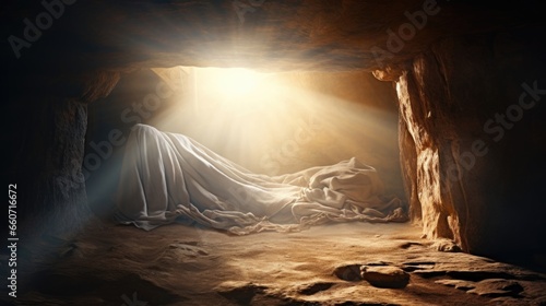 Concept photo of the empty tomb, with Jesus shroud discarded on the ground and a bright light shining from inside, symbolizing his resurrection.