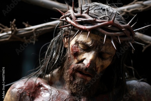 Closeup of Jesus on the cross, his body bruised and ied, with a crown of thorns on his head and his arms stretched out in agony.
