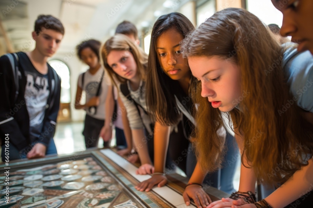 Fototapeta premium Closeup of a group of students studying the floor tiles of a Moorishstyle church, learning about the cultural influences and architectural styles that have shaped this unique religious structure.