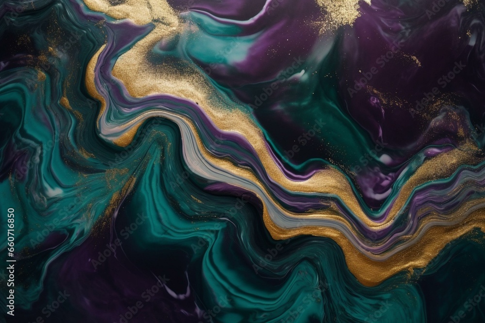 Abstract green and dark purple art with marble swirls, agate ripples, and gold glitter. Luxury and organic wallpaper. Generative AI - obrazy, fototapety, plakaty 