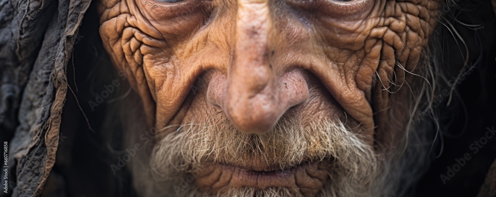 Closeup of a weathered and wrinkled face of a pilgrim, revealing a lifetime of experiences and lessons learned through their spiritual travels. Closeup of a weathered and wrinkled face of a pilgrim, revealing a lifetime of experiences and lessons learned through their spiritual travels.