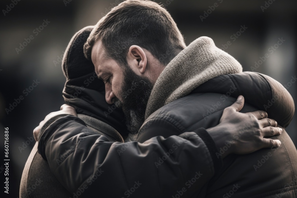 Closeup of a person comforting a friend in need, their reassuring words and actions reflecting their strong faith in being there for others. - obrazy, fototapety, plakaty 