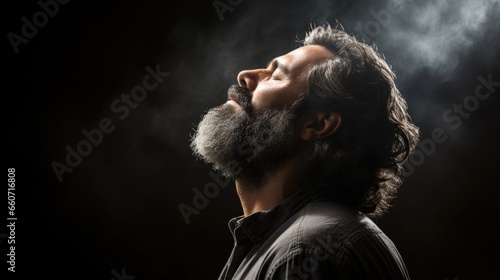 Closeup of a faith leader with closed eyes, his head slightly tilted towards the heavens as he speaks powerful words of healing and strength for the afflicted person in front of him. photo