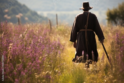 A pilgrim wearing a traditional robe and carrying a staff, walking through a field of wildflowers, symbolizing the beauty and renewal that comes with faithbased travel.