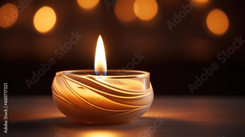 Closeup of a tealight candle  with a flickering flame that seems to dance and sway with a mesmerizing effect.