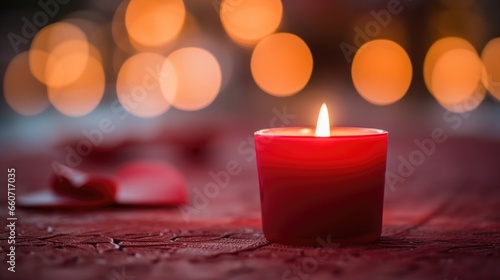 Closeup of a red votive candle  symbolizing passion and love  burning brightly and casting a warm glow in the surrounding area.