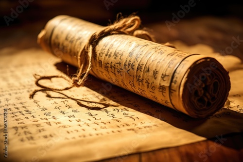 Closeup of a sacred scroll, unraveled and spread out on a wooden table, revealing its ancient script and intricate ilrations.