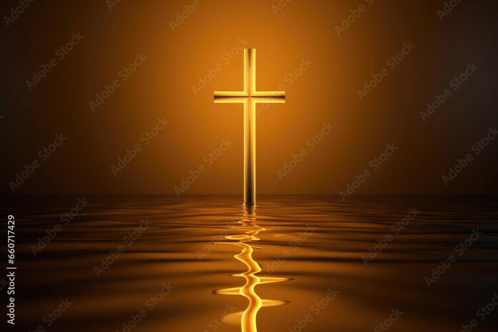 Naklejka premium A gentle beam of candlelight dances upon the smooth surface of a bright golden cross, creating a warm and inviting atmosphere.