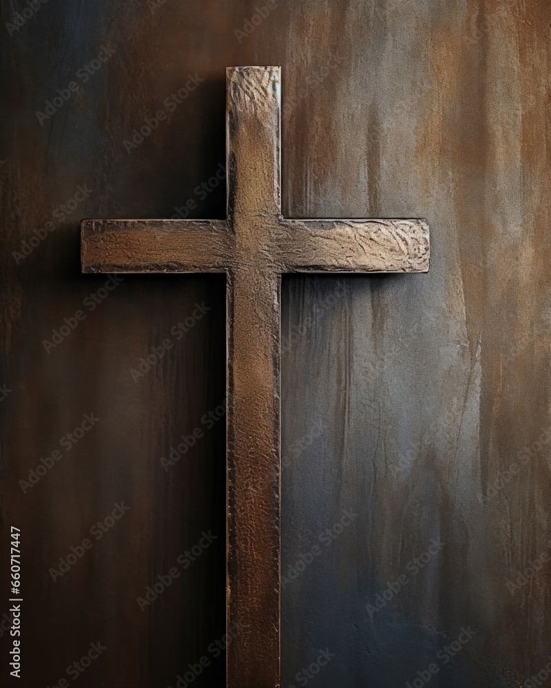 A closeup view of a unique metal cross, its rough texture and tarnished finish partially hidden in the shadows, representing the struggles and challenges of faith.