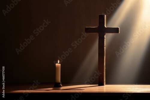 A solitary lit candle stands in front of a large wooden cross, casting long shadows and creating a somber mood, reminding us of the sacrifices made for our beliefs.