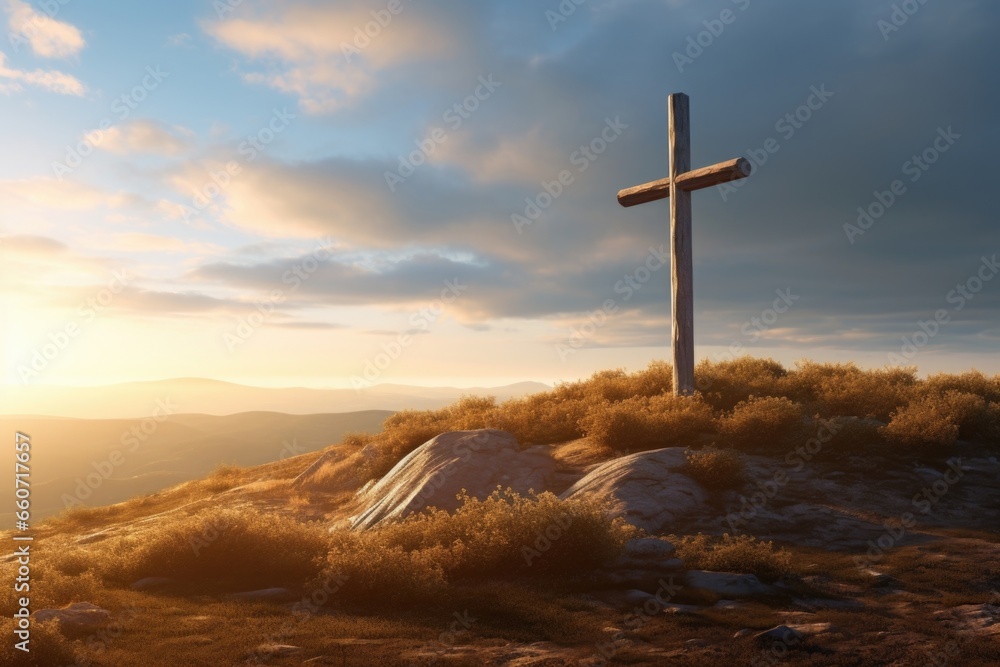 Concept photo of a peaceful hilltop, with the cross as its focal point, bathed in soft golden light from the setting sun, inspiring feelings of hope and tranquility.