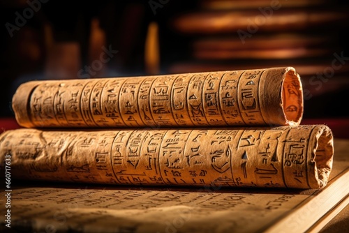 Concept photo of a stack of ancient Egyptian papyrus scrolls, with hieroglyphic inscriptions and ilrations, representing the sacred stories and beliefs of the ancient civilization.