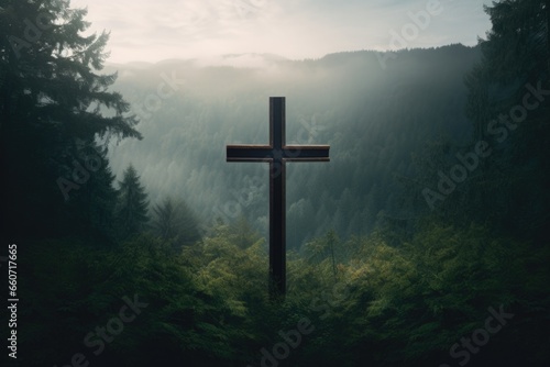 Concept photo of a cross on a hill, surrounded by a thick forest of evergreen trees, highlighting the idea of faith as a source of strength and stability in the midst of a chaotic world.