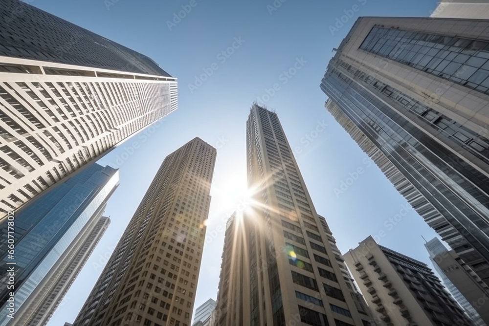 Tall buildings in modern urban plaza under sunny sky. Generative AI