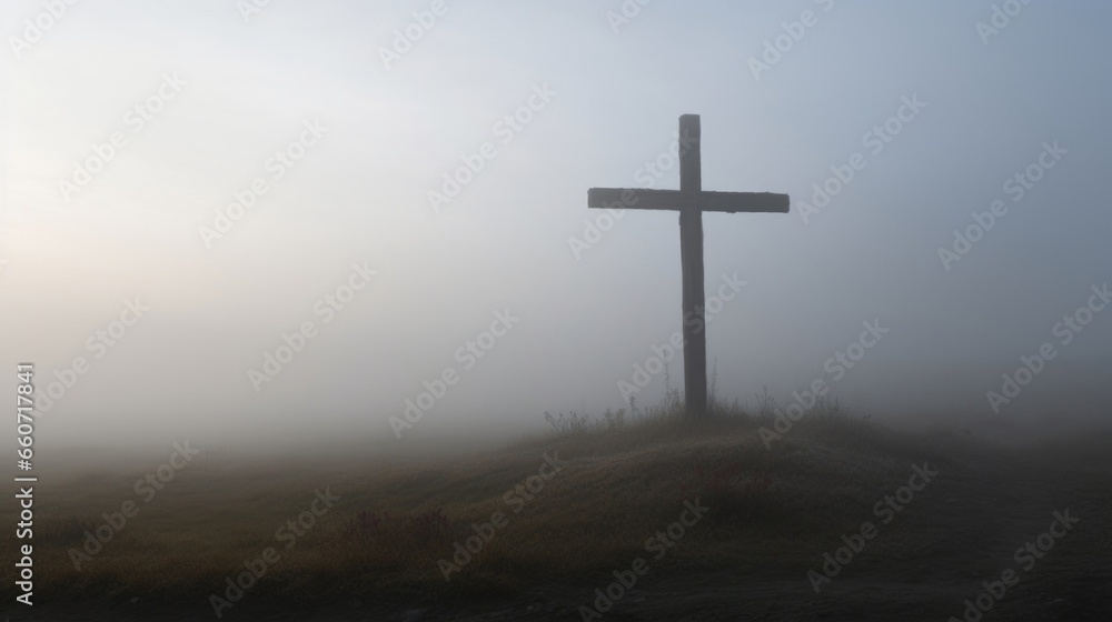 The cross, partially obscured by a blanket of fog, giving the image an eerie, yet tranquil, quality.