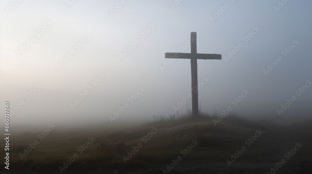 The cross, partially obscured by a blanket of fog, giving the image an eerie, yet tranquil, quality. The cross, partially obscured by a blanket of fog, giving the image an eerie, yet tranquil, quality.