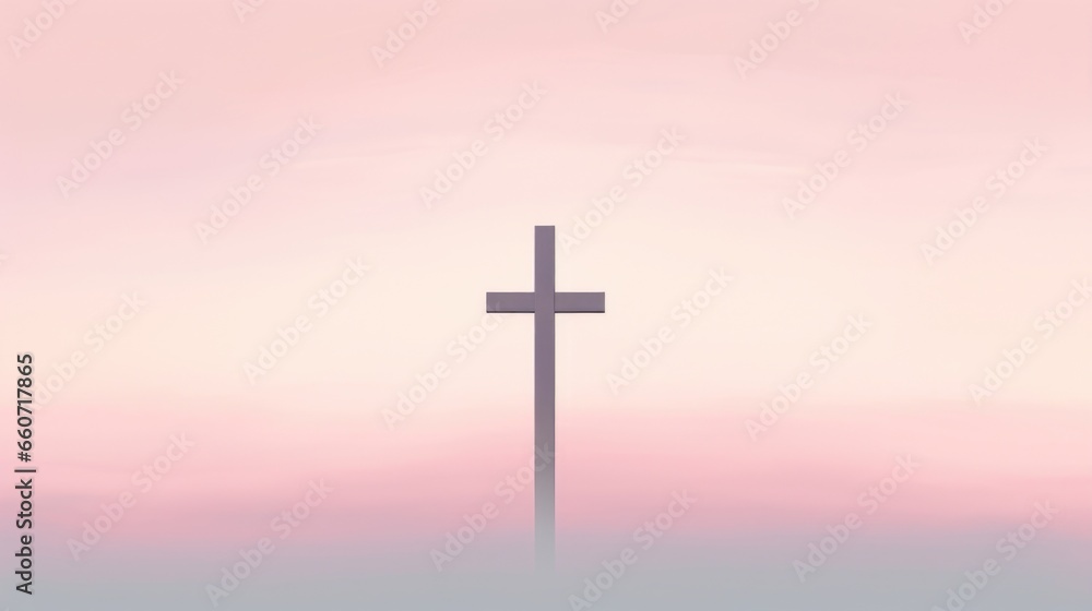 A silhouette of a cross, its sharp edges and straight lines contrasting against the soft, pastel hues of the dusky sky.