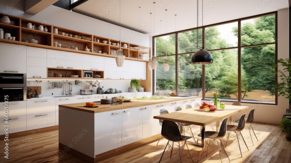 Modern kitchen, with white and wooden cabinets, with window