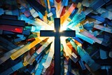 Concept photo of a cross made from different pieces of stained glass, each fragment representing a different Christian denomination. When viewed from a distance, the tered pieces come together