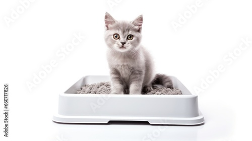 Cute cat in plastic litter box isolated on white background. © Pro Hi-Res