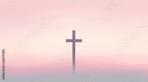 A silhouette of a cross, its sharp edges and straight lines contrasting against the soft, pastel hues of the dusky sky. © Justlight