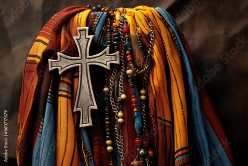 Closeup of a rustic metal cross, adorned with pieces of cloth from different traditional African garments. This cross symbolizes the fusion of African cultural practices with the Christian © Justlight