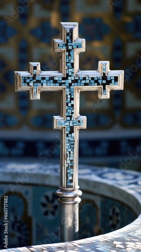 Closeup of a silver cross suspended over a baptismal font made of mosaic tiles. The intricate design of the tiles creates a beautiful backdrop for the hanging cross.