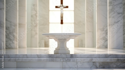 Concept photo of a traditional Catholic cross atop a pedestal, standing next to a baptismal font made of white marble. The simplicity and elegance of the setup is a nod to the longstanding