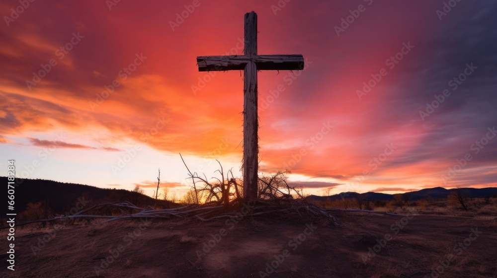 Concept photo of a cross standing tall in the foreground, with the fiery orange and pink hues of the sunrise painting the sky behind it.