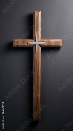The bold design of a wooden cross carving, with strong, clean lines and precise angles.