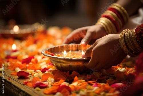 Closeup of a Hindu priest performing a puja religious offering as part of a traditional wedding ceremony  the intricately designed rituals symbolizing the union of two souls.