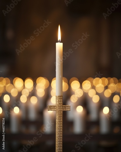 Closeup of a slender, simple cross, gently illuminated by a row of tall taper candles, highlighting the sacred center point of the candlelit chapel.